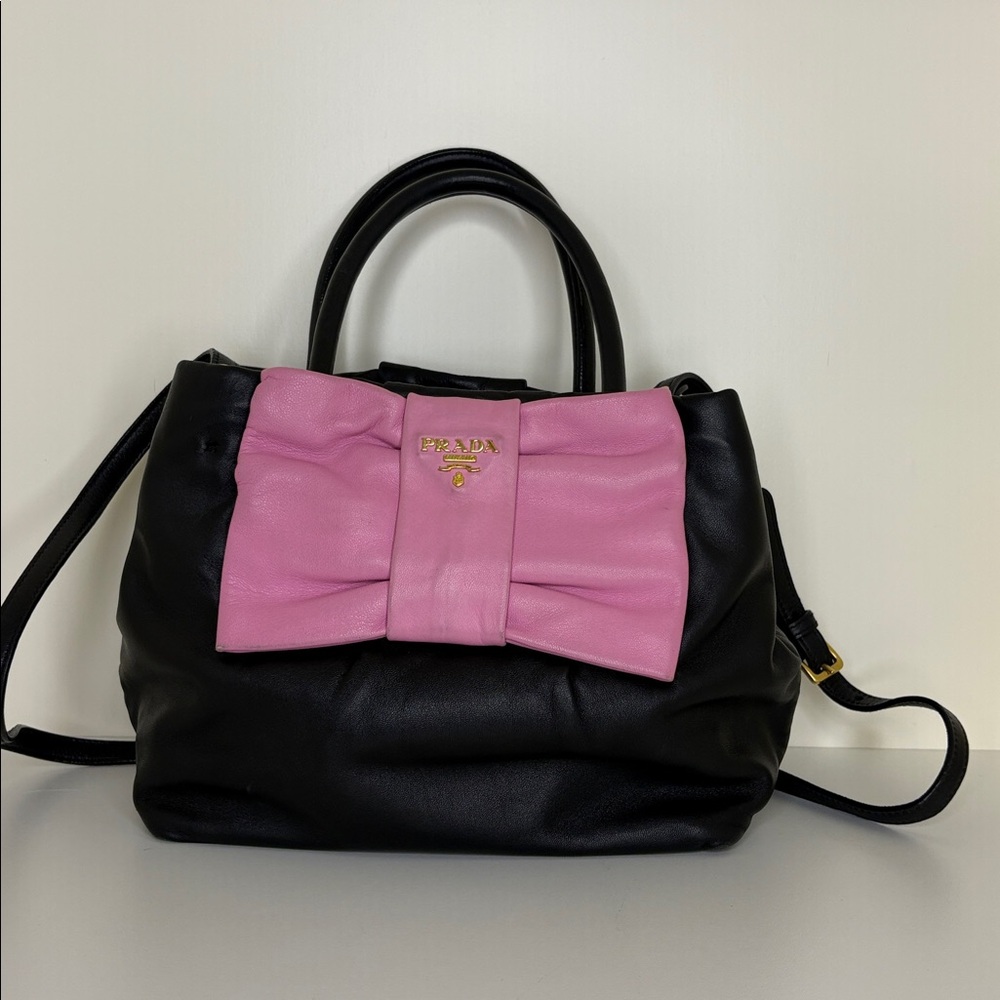 Prada Black Handbag with Pink Bow Accent